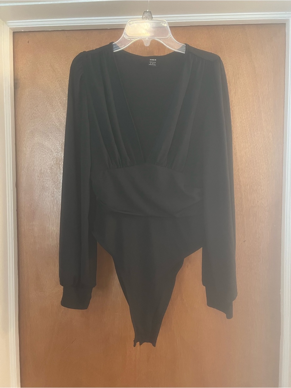 SHEIN Women’s Black Deep V-Neck Long Balloon Sleeve Bodysuit